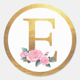 Brev E Monogram Rosa ros Blommigt och Elegant Guld Runt Klistermärke