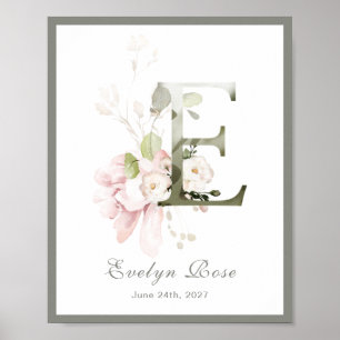 Brev E Monogram Rosa ros Foliage Nursery Poster