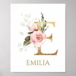 Brev E Monogram rosa ros Nursery Poster