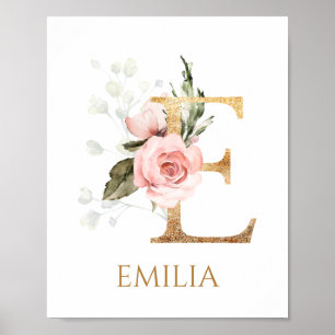Brev E Monogram rosa ros Nursery Poster
