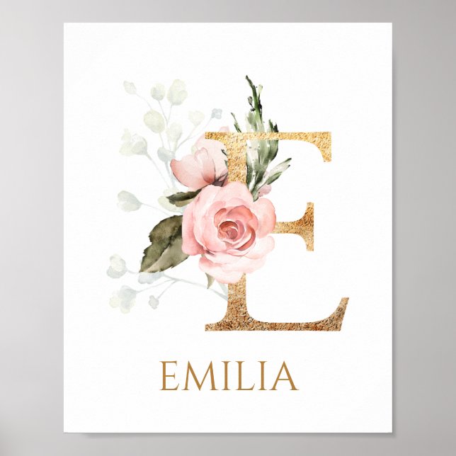Brev E Monogram rosa ros Nursery Poster (Framsidan)