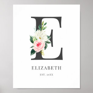 Brev E Monogram Vattenfärg Blommor Poster