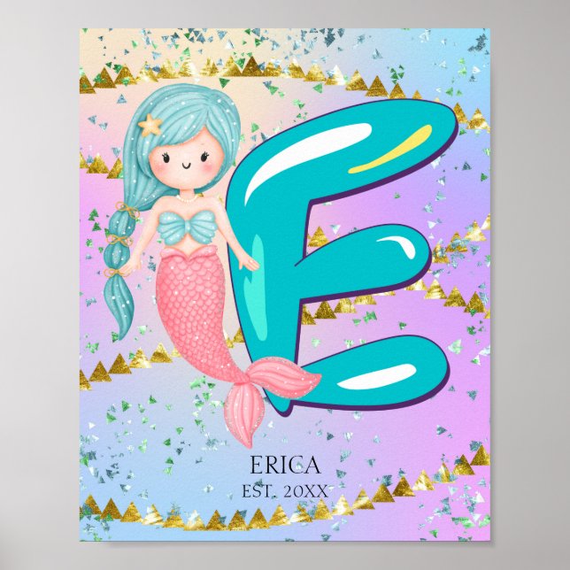 Brev E Monogram Watercolor Cute Sjöjungfru Nursery Poster (Framsidan)
