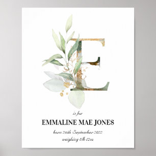 Brev E Nyfödd bebis Monogram Birth Print Greenery Poster