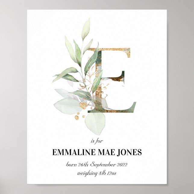 Brev E Nyfödd bebis Monogram Birth Print Greenery Poster (Framsidan)