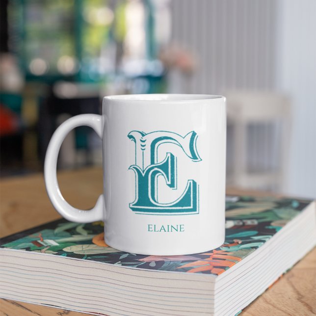 Brev E Teal Monogram Modern Namn-kaffe Mugg (Skapare uppladdad)