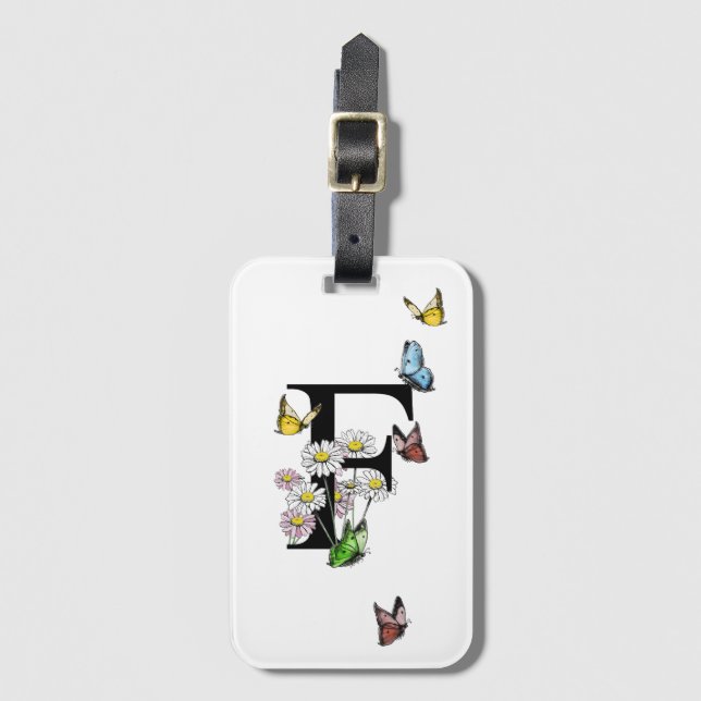 Brev F Blommigt Butterfly Monogram Initial Bagagebricka (Framsida vertikal)