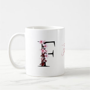 Brev F, Cherry Blommar Monogram Script Namn Kaffemugg