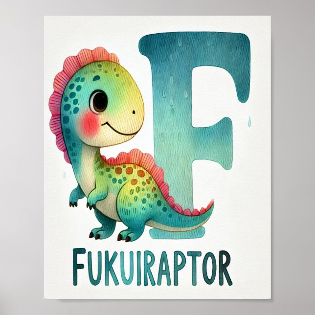 Brev F, Dinosaur Alphabet Watercolor Poster (Framsidan)