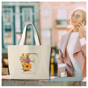 Brev F Elegant Blommigt Guld Monogram Jumbo Tygkasse