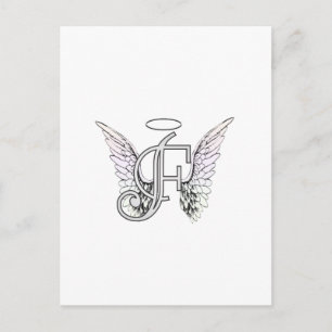 Brev F Initial Monogram med Angel Vingar & Halo Vykort
