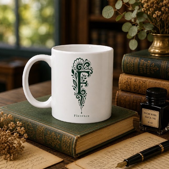 Brev F Linocut Botanisk Personlig Mugg (Skapare uppladdad)