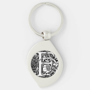 Brev F Medieval Monogram Art nouveau Swirl Silverfärgad Nyckelring