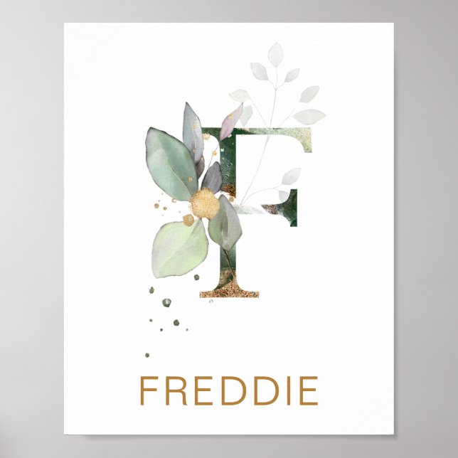 Brev F Monogram Grönt & guld foliage Nursery Poster (Framsidan)