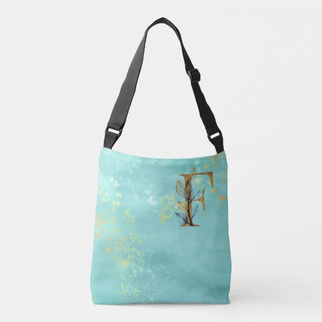 *~* BREV F -Monogram Guld Glitter Turquise Blue Axelväska (Framsida)