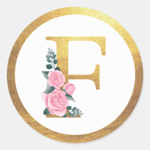 Brev F Monogram Rosa ros Blommigt och Elegant Guld Runt Klistermärke
