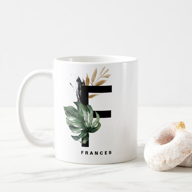 Brev F Monogram | Tropiska monstera-Personligen Kaffemugg (Med munk)