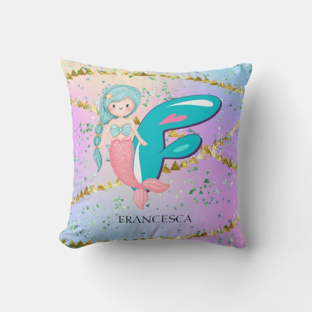 Brev F Monogram Watercolor Cute Sjöjungfru Nursery Kudde (Framsida)