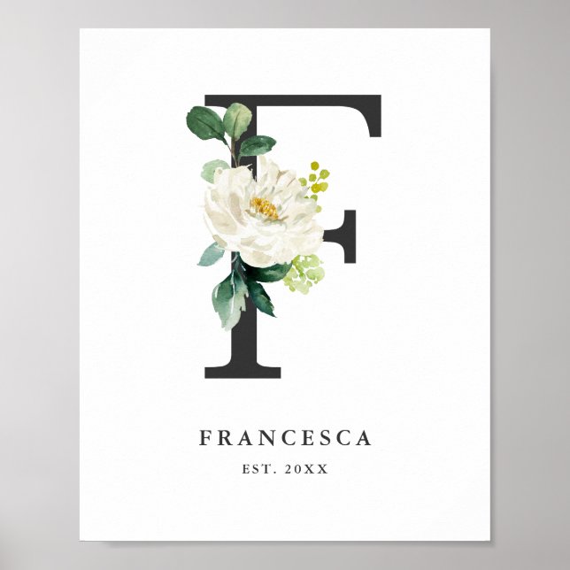 Brev F Monogram White Peonies Nursery Poster (Framsidan)