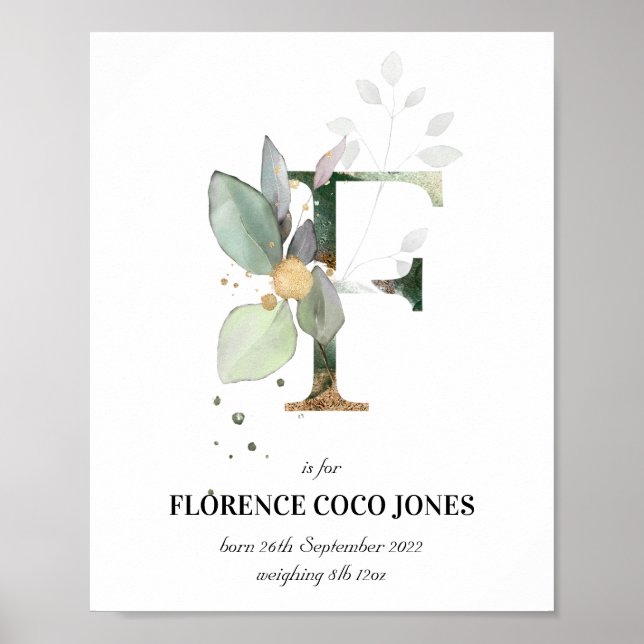 Brev F Nyfödd bebis Monogram Birth Print Greenery Poster (Framsidan)