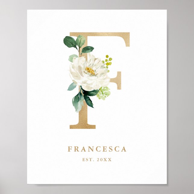 Brev F White Blommigt Monogram Gold Foil Nursery Poster (Framsidan)