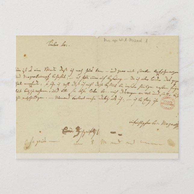 Brev från Mozart till en freemason, januari 1786 Vykort (Framsida)