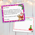 Brev från Santa, Nicelistan, för barn Vykort<br><div class="desc">Skicka ditt barn en personlig Brev från Santa! Det här vykortet har en söt tecknad Jultomten och renare på framsidan och en fin älv på baksidan. Information är röd och grönt. Du kan också anpassa namn,  meddelande och text på baksidan! Låt ditt barn skriva ut sin jullista på baksidan.</div>