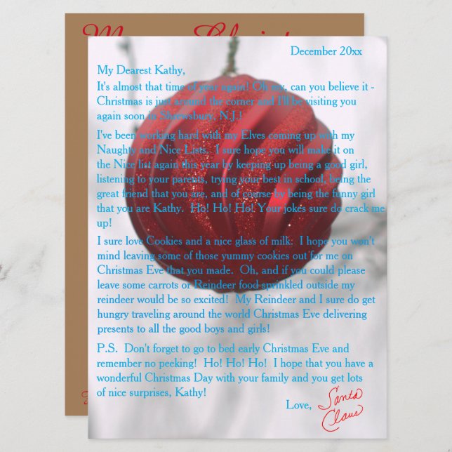Brev från Santa Red Ornament Julkort (Fram/baksida)