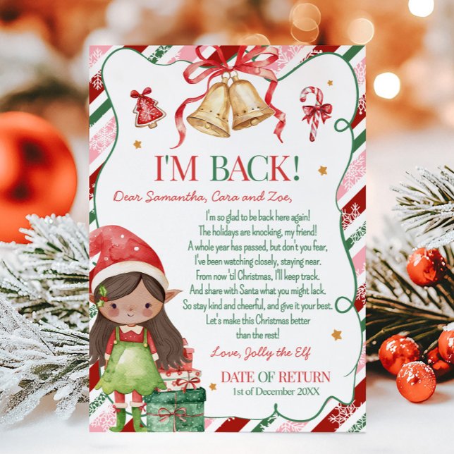 Brev från tomte julflicka brevkort inbjudningar (Letter from Elf Christmas Brown Hair Light Brown Girl Letter Card )