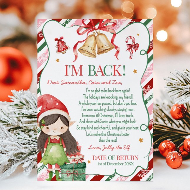 Brev från tomte julflicka brevkort inbjudningar (Letter from Elf Christmas Dark Brown Hair Light Girl Letter Card )