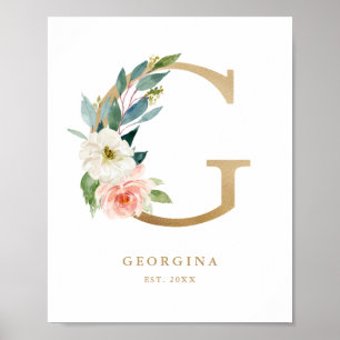 Brev G Blommigt Monogram Guld Foil Nursery Poster