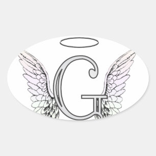 Brev G Initial Monogram med Angel Vingar & Halo Ovalt Klistermärke