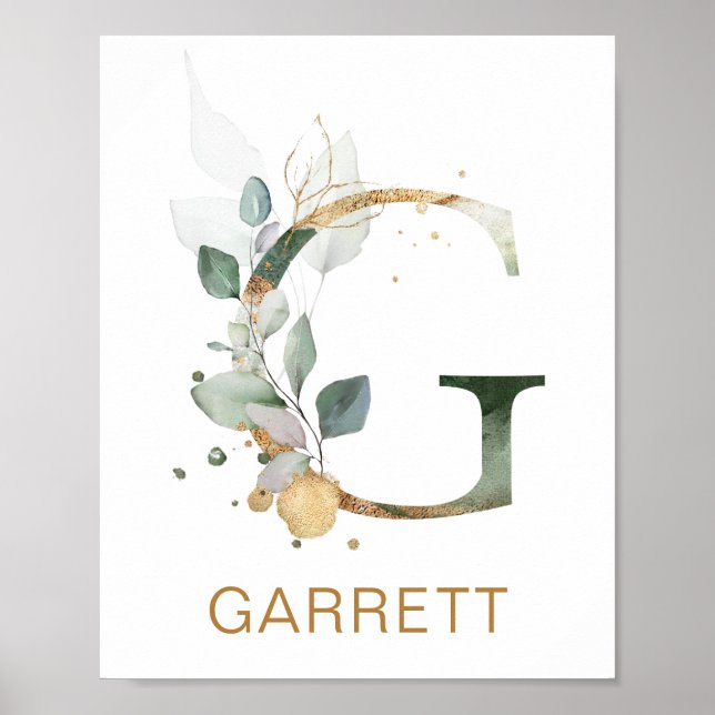 Brev G Monogram Grönt & guld foliage Nursery Poster (Framsidan)