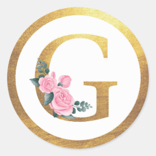 Brev G Monogram Rosa ros Blommigt och Elegant Guld Runt Klistermärke