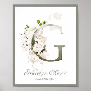 Brev G Monogram Rosa Vit Blommigt Nursery Poster