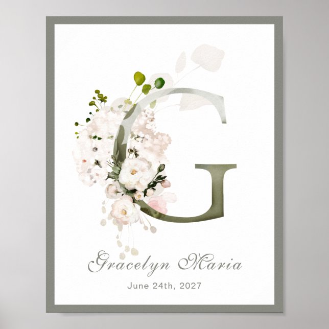 Brev G Monogram Rosa Vit Blommigt Nursery Poster (Framsidan)