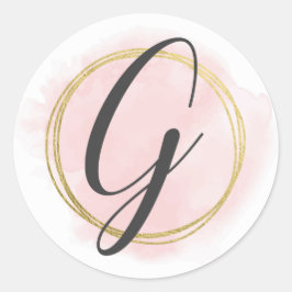 Brev G Monogram  Rosa Watercolor Guld Chic Runt Klistermärke