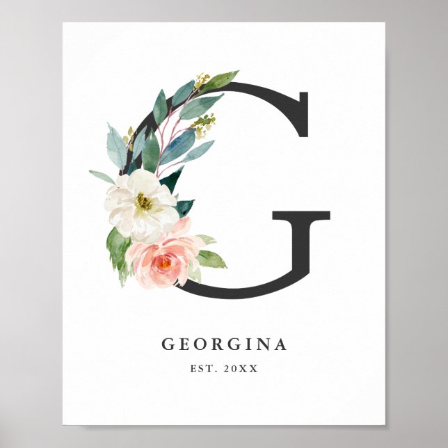 Brev G Monogram Watercolor Peach Blommigts Nursery Poster (Framsidan)
