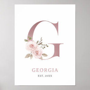 Brev G Monogram Watercolor Ro Blommigt Nursery Poster