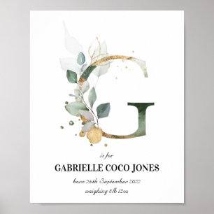 Brev G Nyfödd bebis Monogram Birth Print Greenery Poster