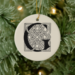 Brev G Vintage Celtic Knot Monogram Julgransprydnad Keramik