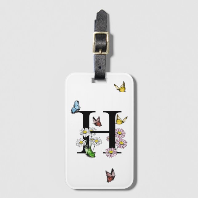 Brev H Blommigt Butterfly Monogram Initial Bagagebricka (Framsida vertikal)