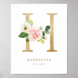 Brev H  Blommigt Monogram Guld Foil Nursery Poster