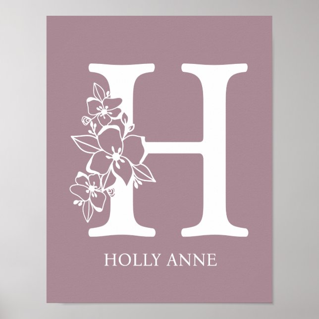 Brev H Blommigt Monogram Namn Nursery Modern Poster (Framsidan)