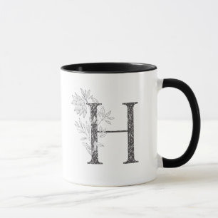 Brev H Blommigt Monogrammed Black and White Mugg