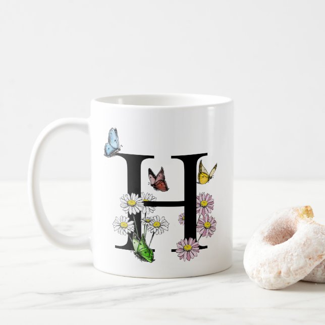 Brev H Botaniskt vattenfärgsfjäril Monogram Kaffemugg (Med munk)