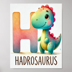 Brev H, Dinosaur Alphabet Watercolor Poster
