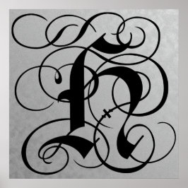 Brev H, Gothic Monogram Black Poster