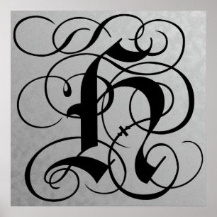 Brev H, Gothic Monogram Black Poster