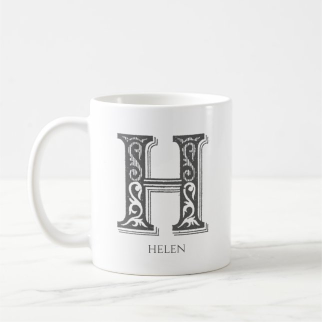 Brev H Grått Monogram Modern Namn Kaffemugg (Vänster)